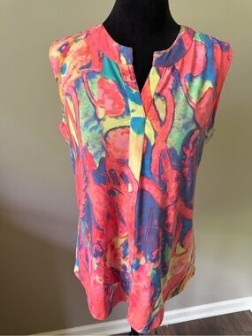 Tango Mango Sleeveless V-Neck Watercolor Print Top — Pink Multi Small